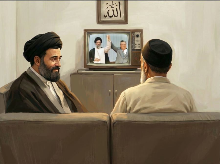 جماران، پای تلویزیون — صحنه ۳ از قصه ۱۹ «در دل ملت‌ها»